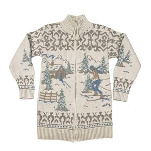 Vintage Ski Scene Cardigan Chunky Sweater Zip Front Cotton Wool Blend Winter S